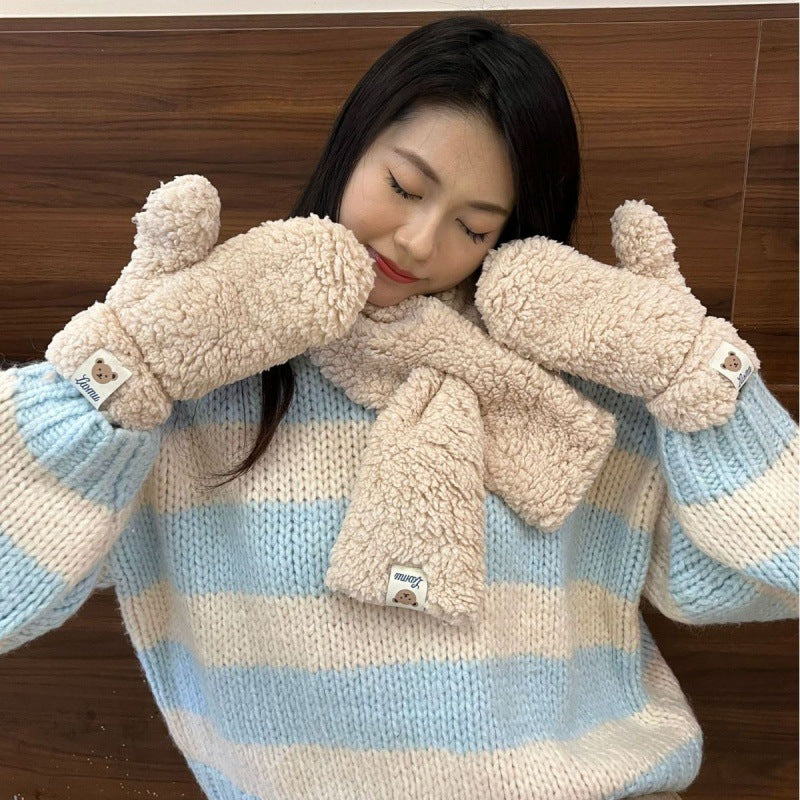 Bear Plush Gloves With Scarf