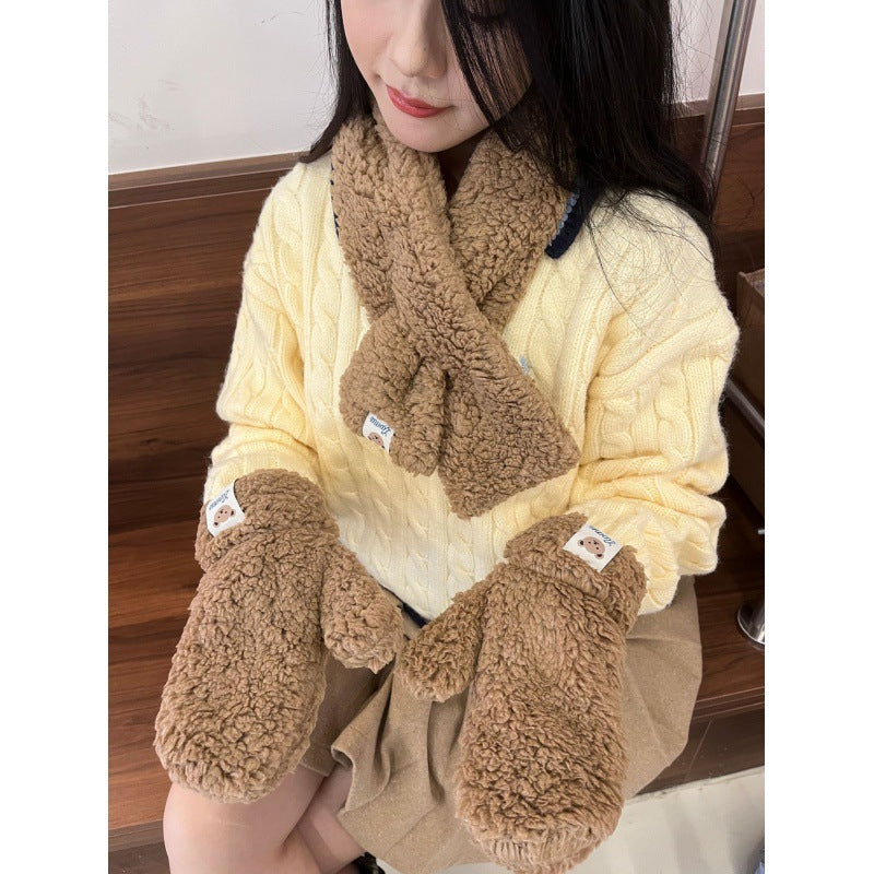 Bear Plush Gloves With Scarf