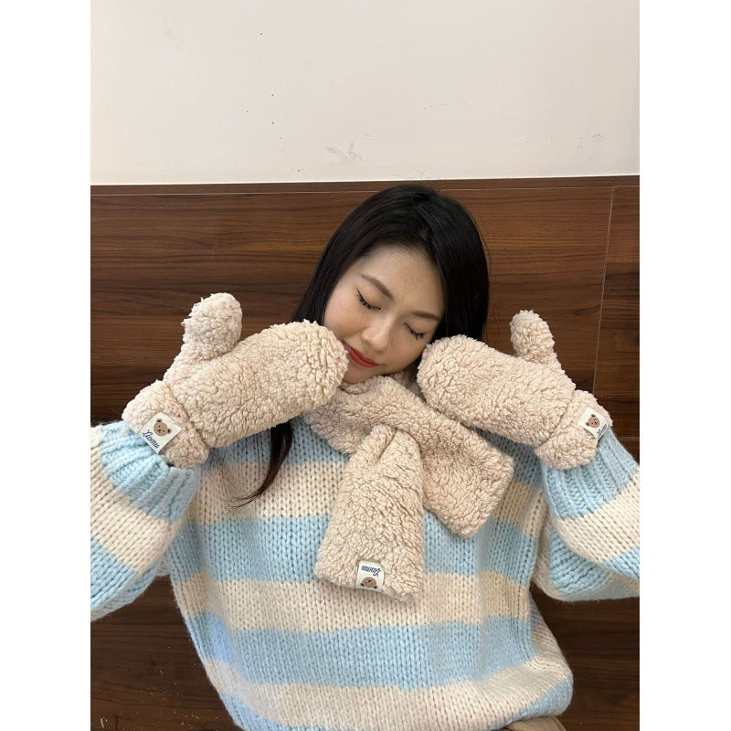 Bear Plush Gloves With Scarf
