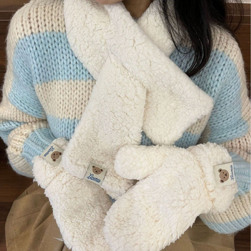 Bear Plush Gloves With Scarf