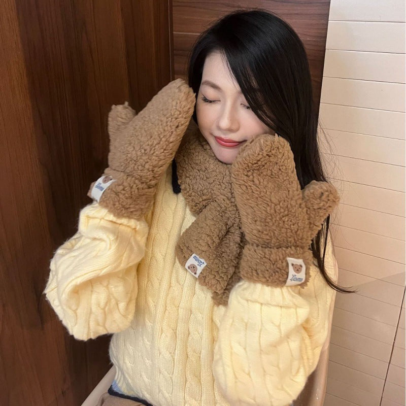 Bear Plush Gloves With Scarf