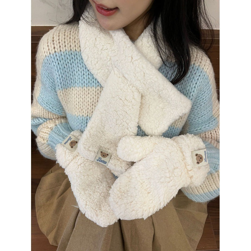 Bear Plush Gloves With Scarf